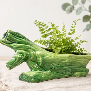 Vintage Green Ceramic Log Planter | Large Tree Trunk Planter | Faux Bois Woodland Pottery | Mid Century Retro Plant Pot | Plant Lover Gift