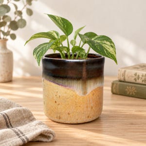 Cache-pot en céramique signé Studio Pottery | Pot à glaçure coulante marron et crème | Petit pot de style vintage | Cadeau idéal pour les amoureux des plantes