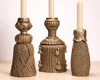 Vintage gouden taps toelopende kandelaars set van 3 | Sierlijk touwontwerp met kwastje | Hollywood Regency-kandelaars | Boho glamourdecoratie