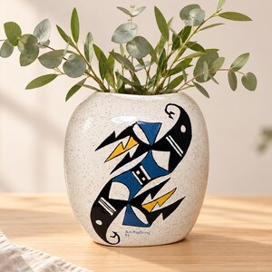 Vintage 1992 Signed R.A. Gostlin Studio Pottery Vase | Geometric Bird Design Speckled Ceramic Art | Native American Hand Painted Decor