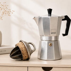 May include: A silver stovetop espresso maker with a black handle and lid, next to a cork and metal bottle stopper. The espresso maker has the text "gnali & zani" on the side. A small vase with dried flowers and a book are in the background.