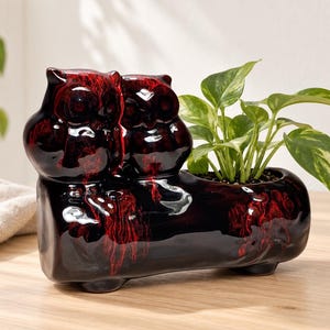 Vintage Canuck Pottery Owl Planter | Red Black Drip Glaze Owls on Log | Mid Century Canadian Ceramic Woodland Decor