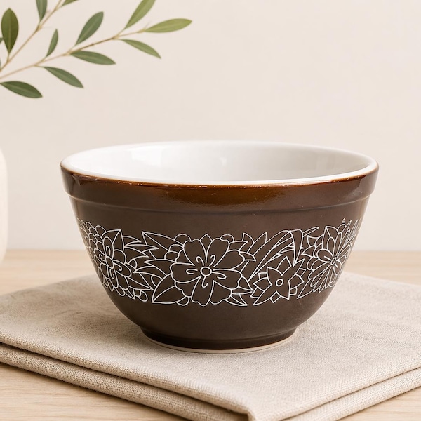 Vintage Pyrex Woodland Nesting Mixing Bowl | Brown Floral Bowl 750ml | Corning USA Retro Farmhouse Kitchen Decor