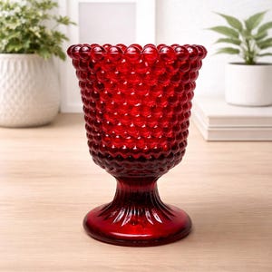 Vintage Red Hobnail Glass Votive Holder | Ruby Candle Holder Small Pedestal Tealight | Romantic Home Decor Gift | Collectible Glass
