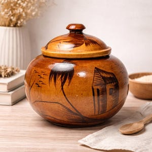 Vintage Lidded Bowl with Monkey Pod Wood | Rustic Boho Decor Tropical Home