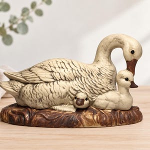 Vintage Canadian Swan Family Figurine | KAE Studio Stoneware Sculpture | Handmade Canadiana Decor | Rustic Cottage Swan Statue