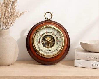 Vintage Europa Barometer | Western Germany Wall Barometer | Wood Brass Weather Gauge | Mid Century Home Decor | Scientific Instrument