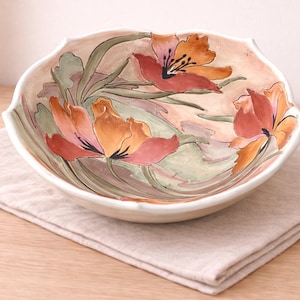 Vintage Hand Painted Floral Decorative Bowl | Asian Porcelain Bowl Signed Base | Art Pottery Centerpiece | Pink Orange Lily Design