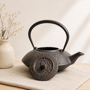 Vintage gjutjärns tekanna | Japansk tekanna i Tetsubin-stil med blommig relief | Rustik svart järntekannadekor | Tungmetall teservis
