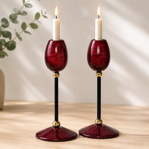 Vintage Burgundy Marble Candle Holders Pair | Tall Black & Gold Candlesticks | Postmodern Table Decor | Romantic Decor