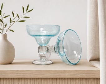 Bicchieri da margarita vintage in vetro a bolle color azzurro acqua / Set di coppe soffiate a mano / Bicchieri da cocktail con stelo / Set di accessori da bar retrò in vetro artistico Bullicante