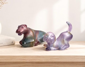 Conjunto de figuras de animales de cristal Art Nouveau vintage / Oso y perro de cristal pintados a mano / Escultura de cristal artístico esmerilado / Decoración de vidrio de estudio canadiense