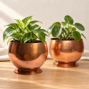Coppercraft Guild Copper Planters Pair | Footed Mid Century Copper Cachepots | Farmhouse Copper Plant Pots | Taunton Massachusetts