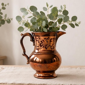 Antique Charles Allerton Copper Lustre Pitcher | Victorian English Pottery Jug | Hand Painted Floral Lusterware | Longton England