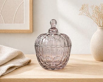 Dulcera de vidrio morado vintage con tapa / Tarro de baratijas de vidrio prensado / Cuenco con estampado de huellas dactilares en tono rosa de mediados de siglo / Tarro de dulces decorativo