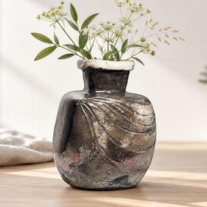 Vaso in ceramica scultorea da studio / Bottiglia grigio antracite a forma di bottiglia con linee incise / Oggetto da collezione vintage in ceramica artistica firmata