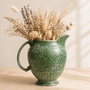 Jarra de cerámica verde vintage Crown Devon England / Jarrón con esmalte jaspeado estilo esponja / Decoración rústica estilo cottagecore / Jarrón de cerámica inglesa de la década de 1940