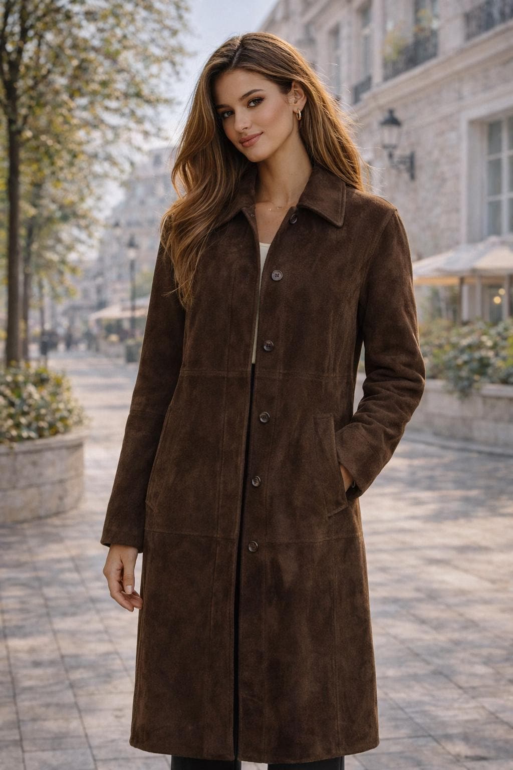 Manteau femme en drap de laine motif pied-de-poule orange fonce