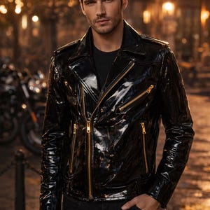 Herr Svart Lackskinnjacka Glansig Biker Moto Zip Slim Fit Gatumodell