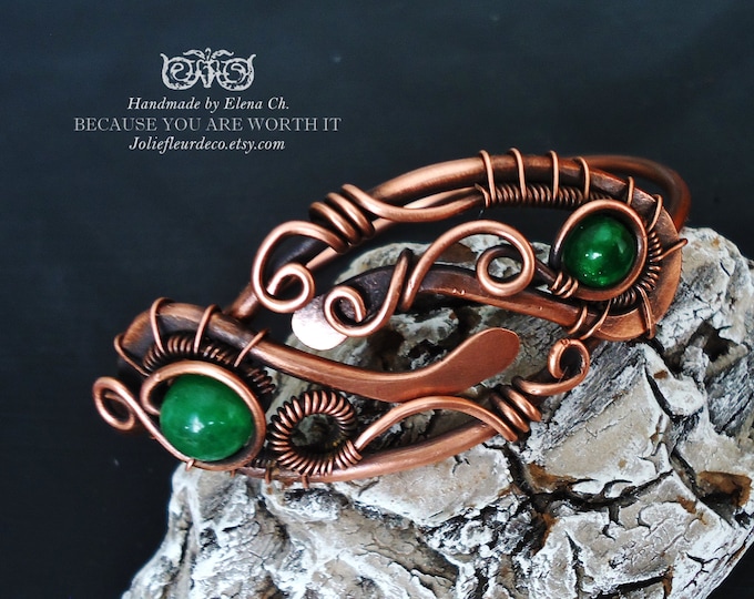 Adjustable Copper Bracelet Green Jade Copper Wire Wrapped Bracelet
