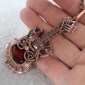 Rustic-red Guitar pendant with Agate and Garnet, Wire wrapped pendant, heady wrapping, Music Necklace, men&#39;s pendant, Musical instrument