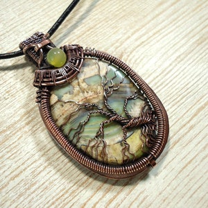 Tree of life pendant with Jasper, copper wire wrapped necklace, heady wrapping pendant, landscape pendant