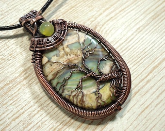 Tree of life pendant with Jasper, copper wire wrapped necklace, heady wrapping pendant, landscape pendant