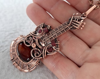 Rustic-red Guitar pendant with Agate and Garnet, Wire wrapped pendant, heady wrapping, Music Necklace, men's pendant, Musical instrument