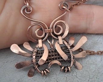 Wire wrap Baby-Owl Pendant, Symbol of wisdom, copper jewelry for men and women, bird necklace