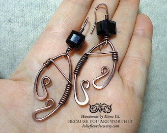 Minimalist earrings Copper wire wrap earrings Gothic jewelry Metal long earrings Handmade earrings Simple earrings Rustic jewelry Boho style