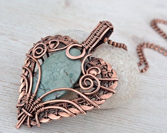 Magnesite Turquois copper pendant Copper necklace Wire wrap jewelry Heady wire wrapped Pendant  Necklace for women or men Amulet