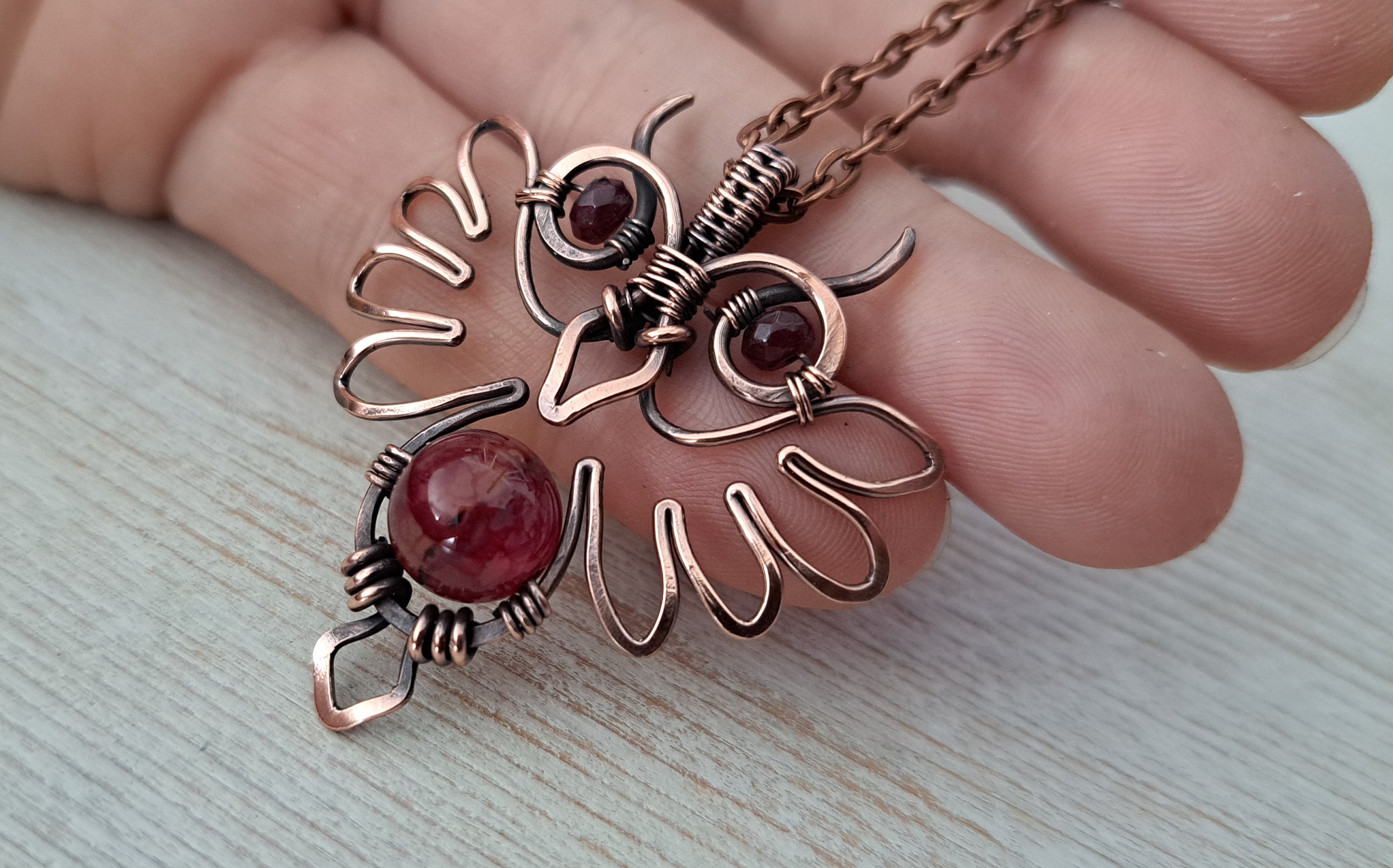 Wire wrap Owl Pendant with Crackle Agate and Garnet beads, Symbol of wisdom, copper jewelry for men 