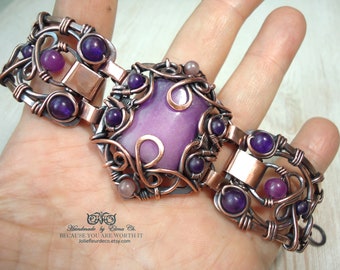 Handmade wire wrap copper bracelet with purple Jade, Wire wrapping steady bracelet, Women's adjustable Jade bangle, Unisex, copper jewelry
