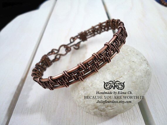 unisex cuff bracelet Copper bracelet wrapped wire copper wire woven 7 year anniversary gift oxidized copper bracelet