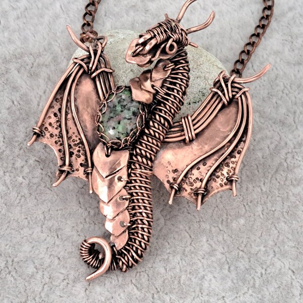 Zoisite Dragon Pendant, Wire wrapping Necklace, Copper Jewelry, Dragon necklace, Heady wrapping pendant
