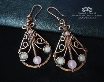 Long Copper earrings, Pink Quartz earrings, Antique Copper Metal Earrings, Wire wraped Jewelry, Wire Wrapped Earrings Handmade