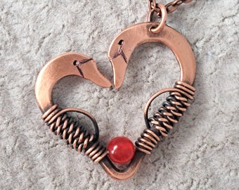 Swan heart pendant with red Jade. Symbol of love and fidelity. Wire-wrapped pendant. A simple pendant with a swan. Swans pendant