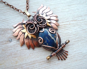 Owl pendant with Sea sediment Jasper a symbol of wisdom, wire wrapped Jasper pendant, Owl necklace, steady wrapping , copper brass jewelry