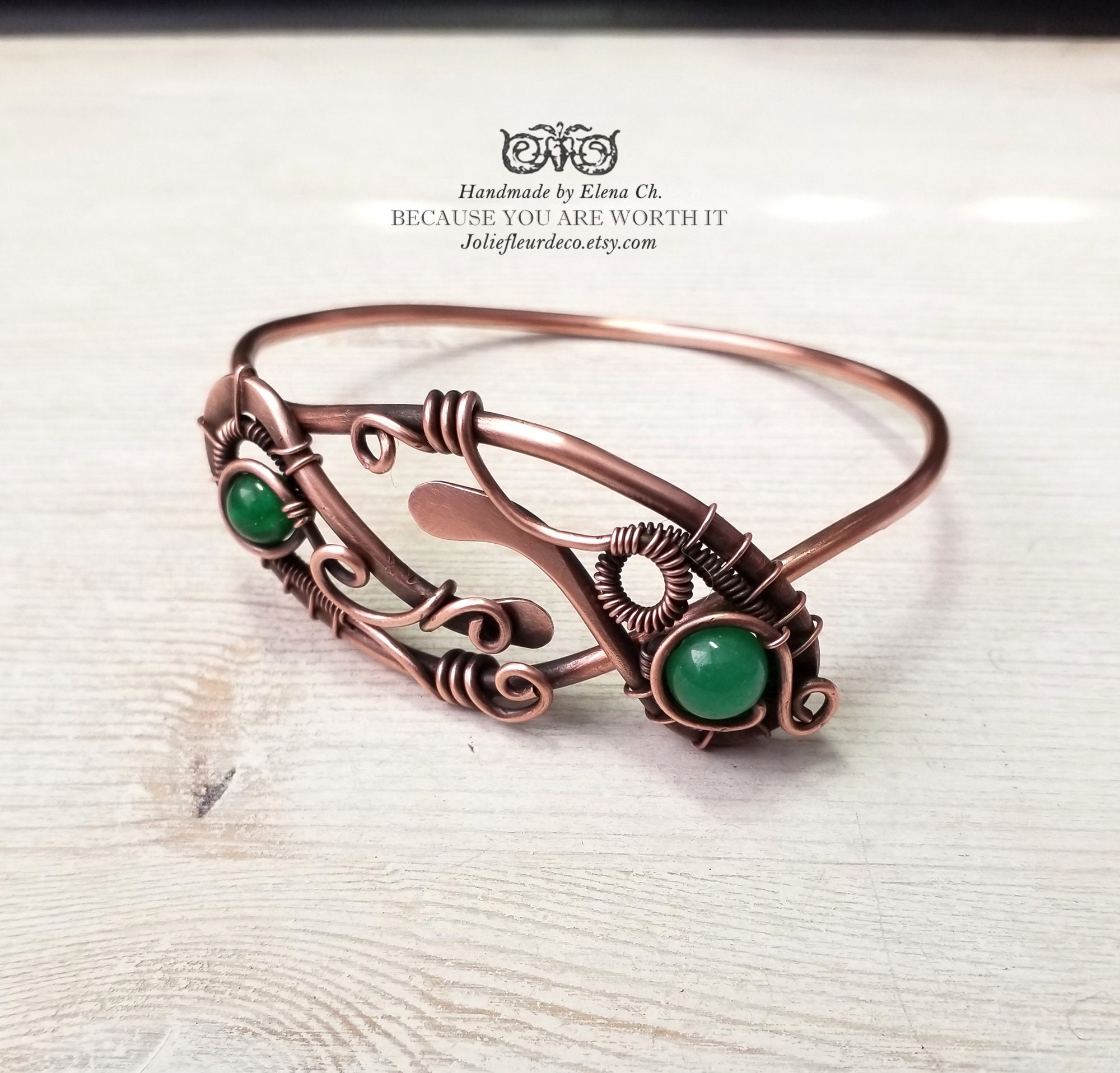 Adjustable Copper Bracelet Green Jade Copper Wire Wrapped Etsy UK