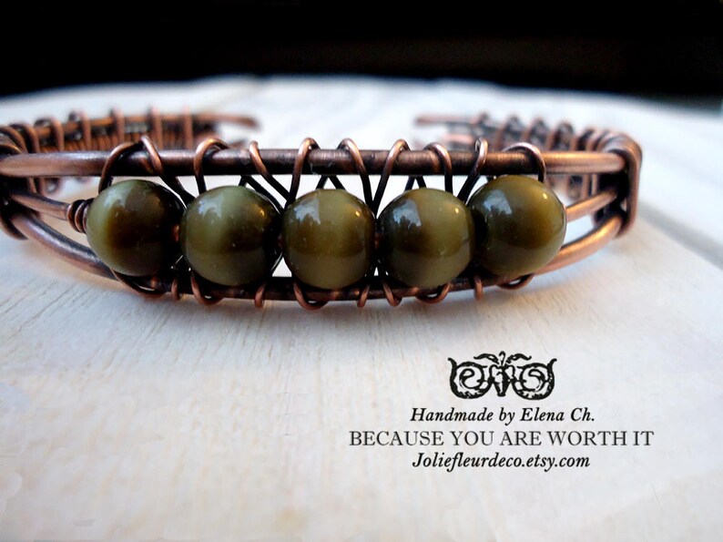 Adjustable Copper Bracelet Olive Green Cat's Eye Glass Etsy UK