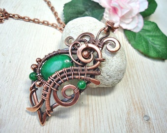 Asymmetrical Green Jade pendant Wire wrap necklace Wire necklace Copper pendant Green stone Jade jewelry Wire wrapping pendant