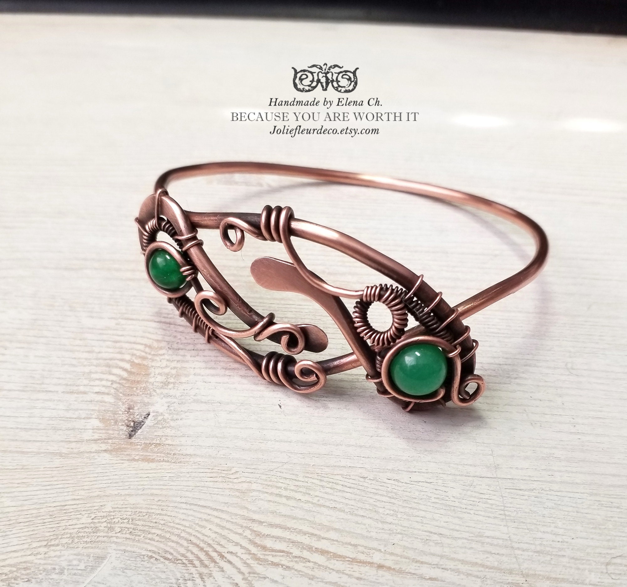 Adjustable Copper Bracelet Green Jade Copper Wire Wrapped Etsy UK