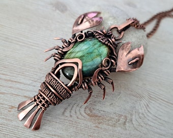 Cancer Blue-gold Labradorite pendant Wire wrap Copper jewelry Labradorite necklace Zodiac sign Heady wire wrap Men pendant Unisex Amulet