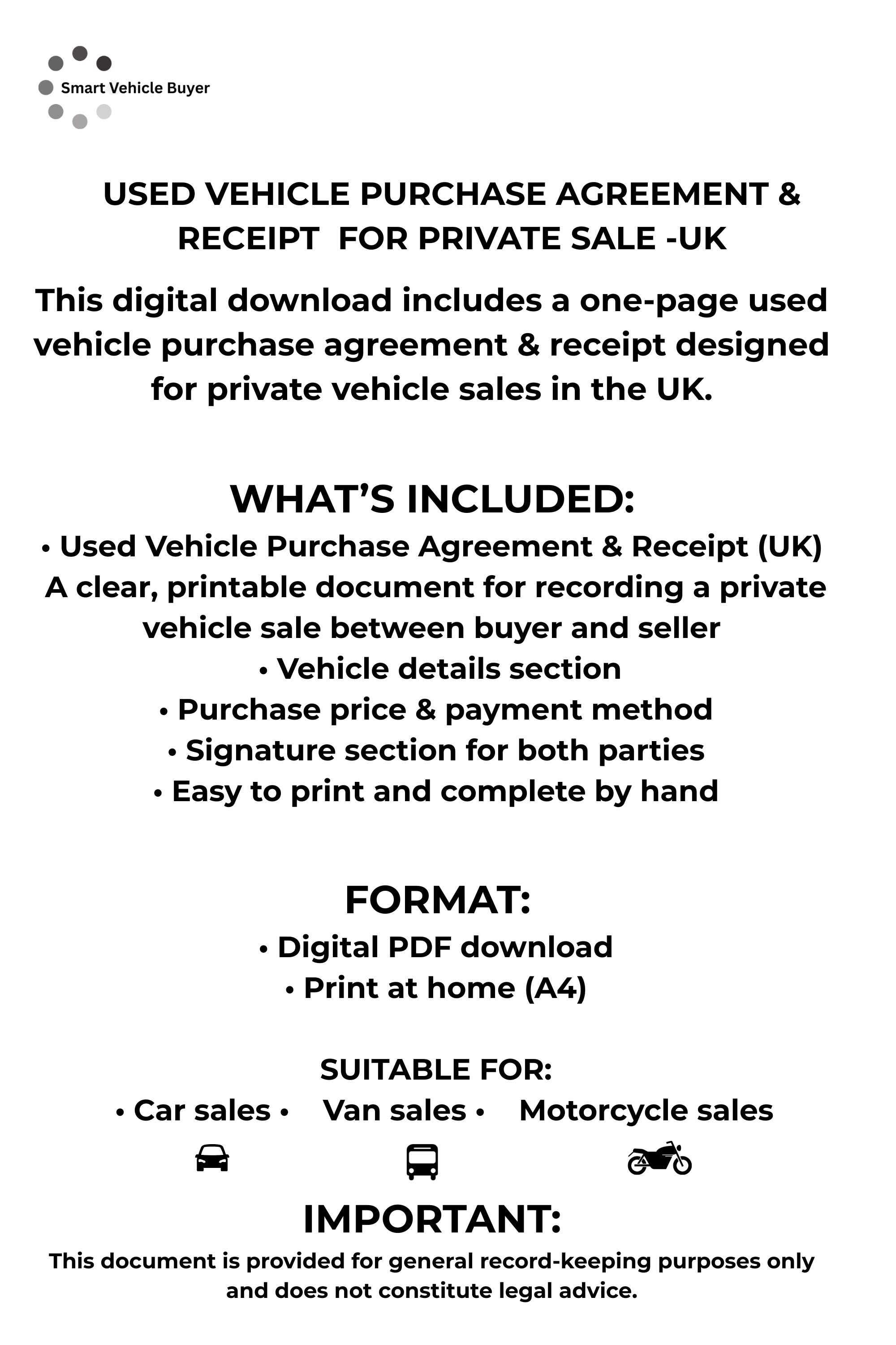 Pvt Contract.pdf Used Vehicle Purchase Agreement UK – Private Contract (PDF Download - Etsy