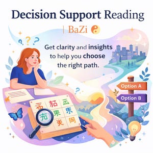 Puede incluir: Ilustración que promociona lecturas de apoyo a la toma de decisiones. La imagen presenta a una mujer, un libro con caracteres chinos, una lupa y señales direccionales con las etiquetas "Opción A" y "Opción B". El texto dice "Decision Support Reading" y "Get clarity and insights to help you choose the right path."