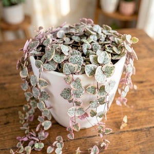 May include: A white ceramic pot filled with a String of Hearts plant. The plant features heart-shaped leaves with green and white patterns, and pink edges. The trailing vines cascade down the sides of the pot, creating a lush, decorative display.