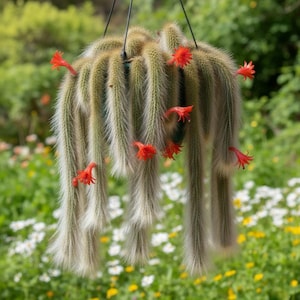 May include: A hanging cactus with long, cascading stems covered in white hairs and adorned with vibrant red flowers. The plant is suspended by black wires, set against a blurred background of green foliage and colorful wildflowers.