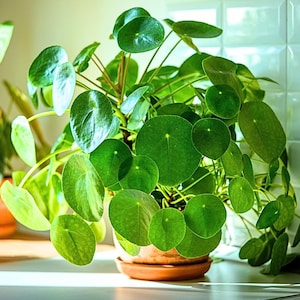 May include: A vibrant green Pilea peperomioides plant, also known as a Chinese money plant, in a terracotta pot. The plant features numerous round, flat leaves and slender stems. The pot sits on a light-colored surface, with a white-tiled wall in the background.