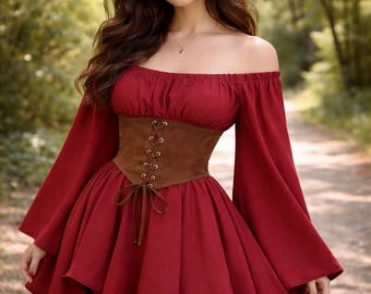 May include: A burgundy off-the-shoulder dress with long, flowing sleeves and a flared skirt. The dress features a brown suede corset with lace-up detailing. The outfit is suitable for Renaissance festivals or themed events.