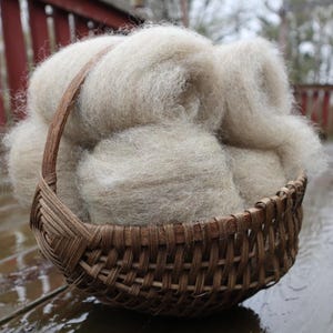 May include: A woven basket filled with soft, light-colored wool roving. The basket has a woven handle and is made of a natural brown material. The wool appears fluffy and ready for fiber art projects.